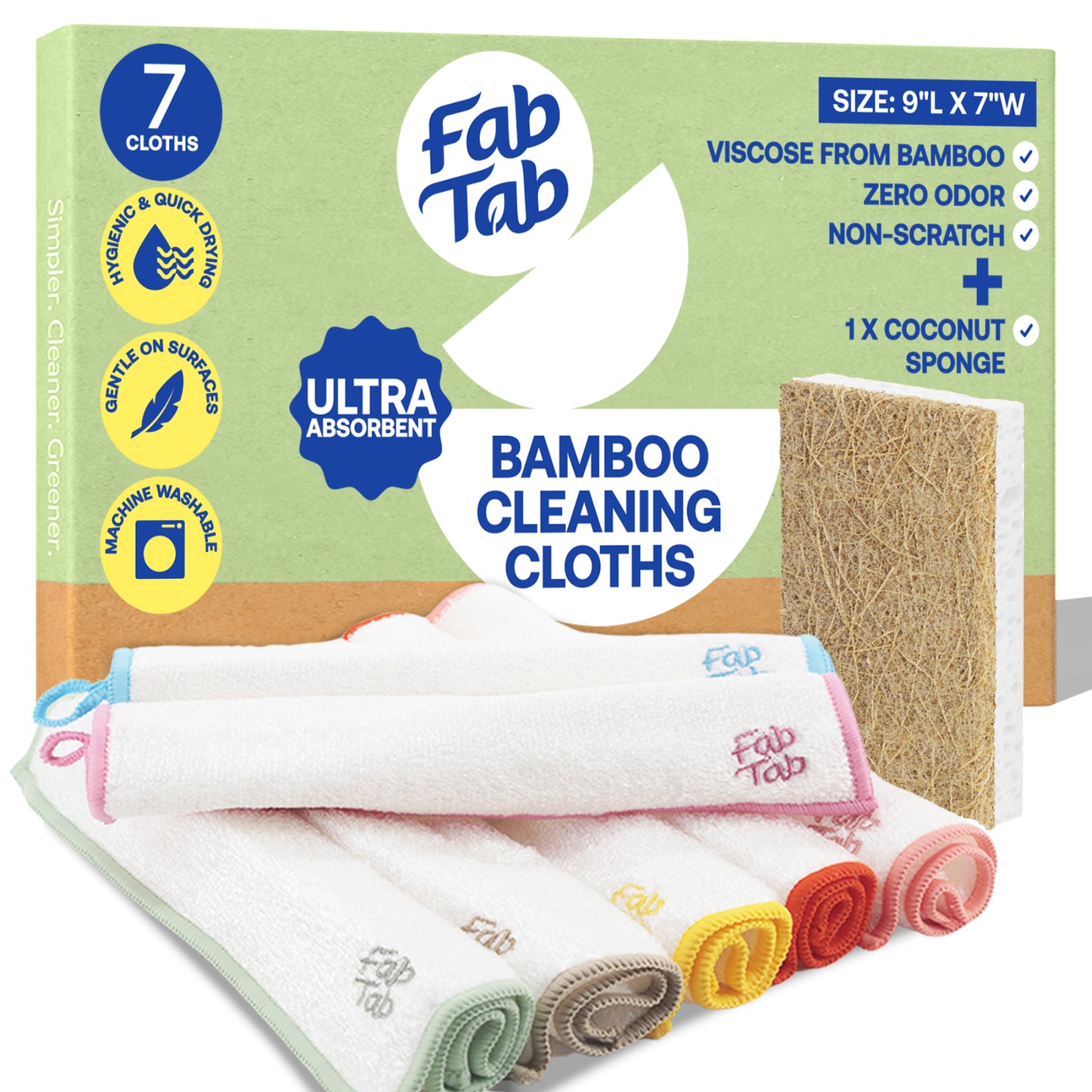 Eco-Friendly, Plastic Free and Non-Toxic Bamboo Cleaning Cloths 7 Pieces Plus Coconut Sponge from FabTab