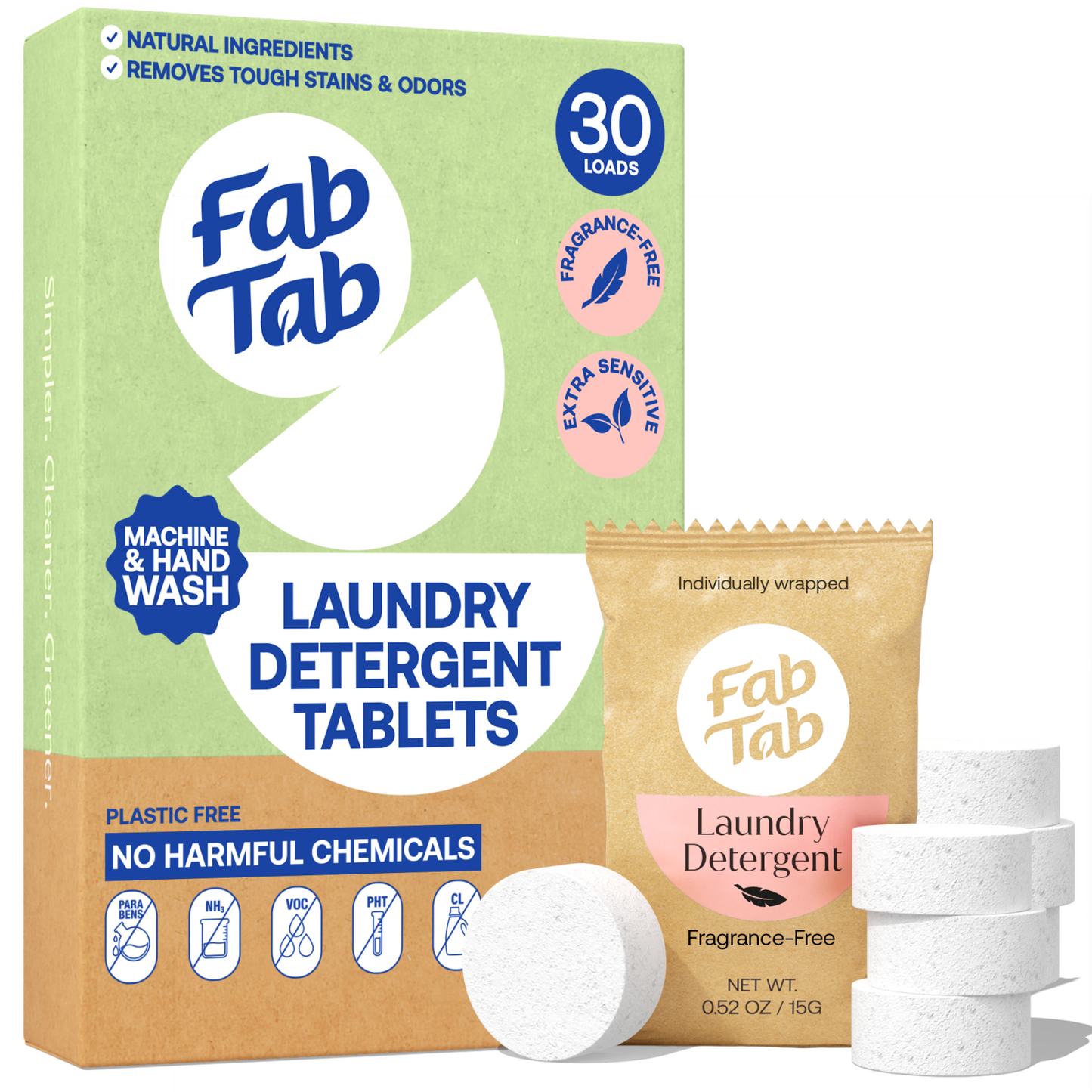Eco-Friendly, Plastic Free and Non-Toxic Laundry Detergent Tabs - Fragrance-Free 30 Loads from FabTab