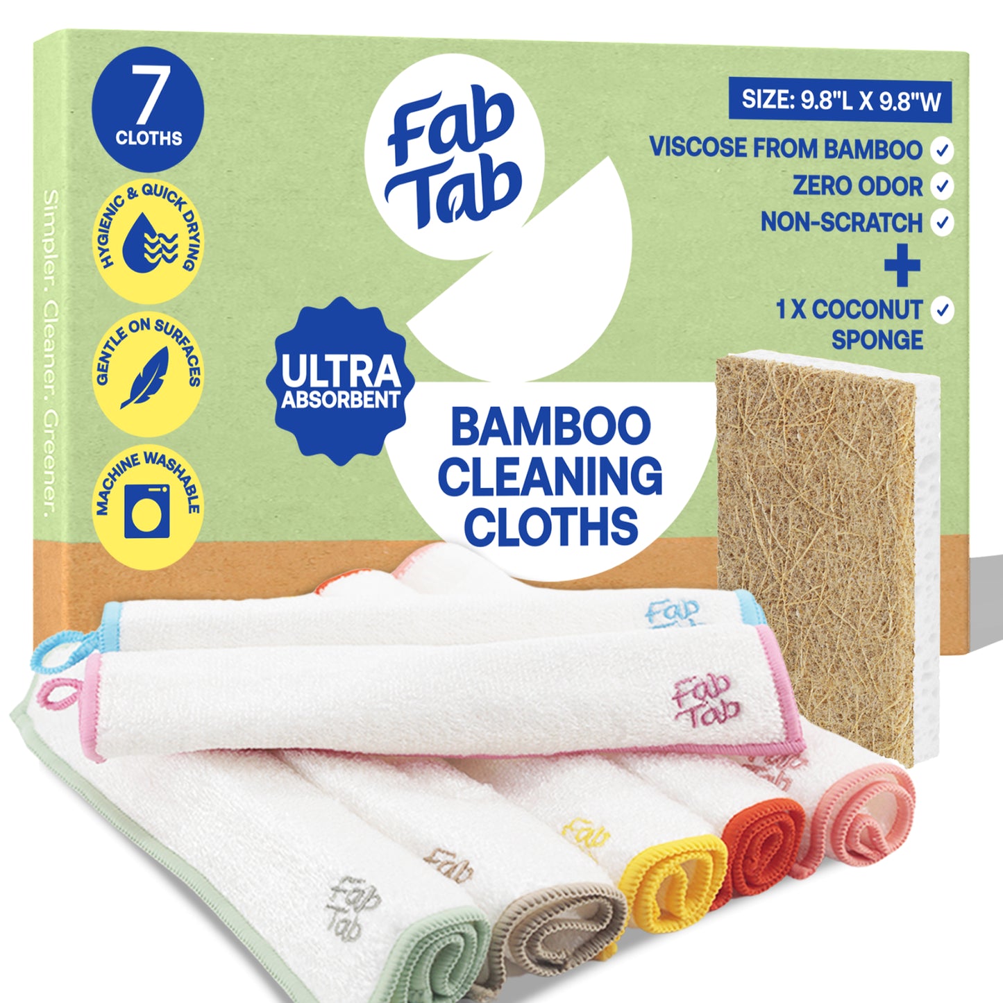 Eco-Friendly, Plastic Free and Non-Toxic Bamboo Cleaning Cloths 7 Pieces Plus Coconut Sponge Large from FabTab