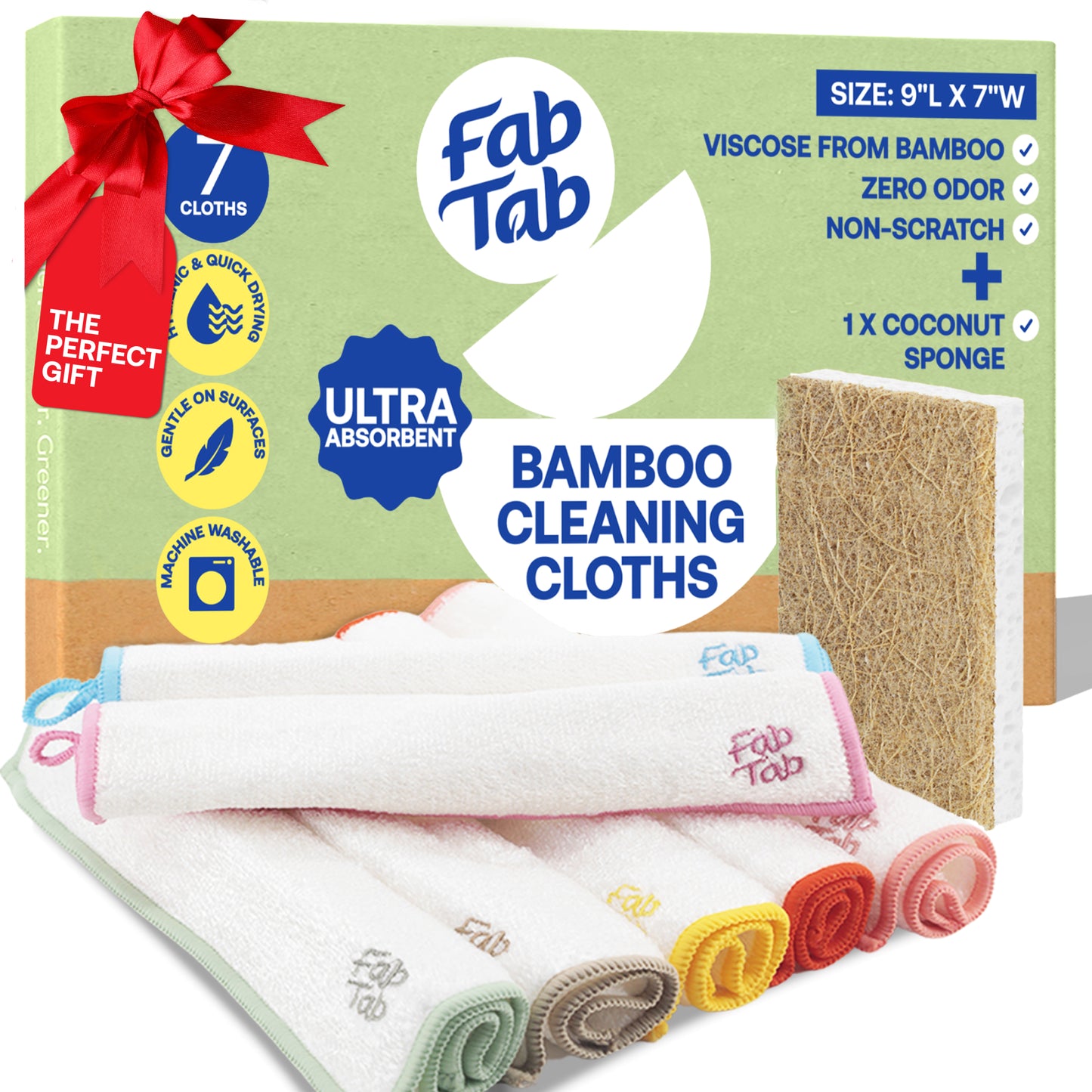 Eco-Friendly, Plastic Free and Non-Toxic Bamboo Cleaning Cloths 7 Pieces Plus Coconut Sponge from FabTab