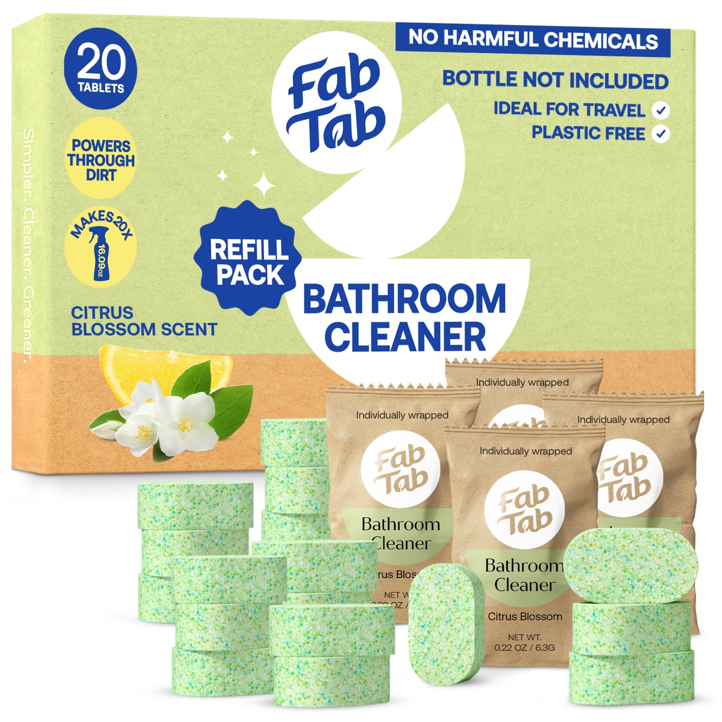 Eco-Friendly, Plastic Free and Non-Toxic Bathroom Cleaner Spray - Refill Packs 20 Tablet Refills from FabTab