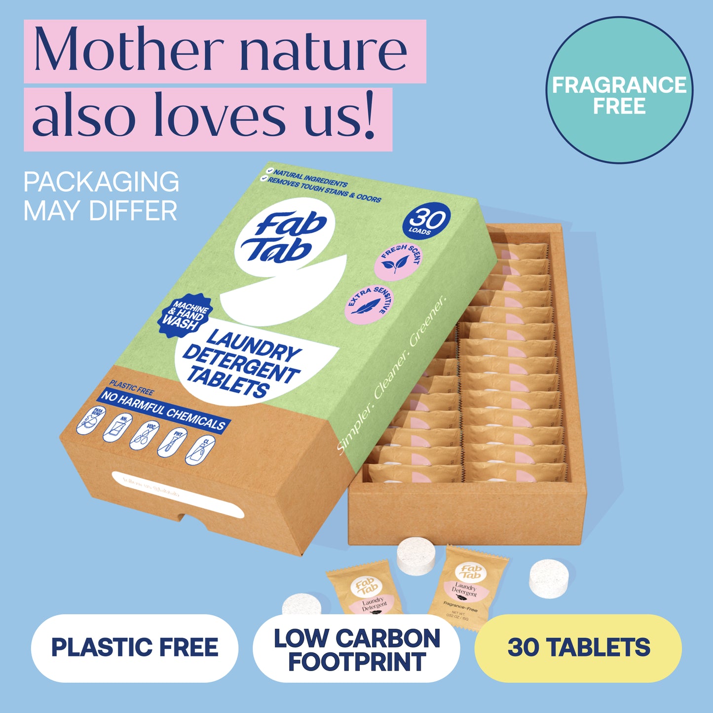 Eco-Friendly, Plastic Free and Non-Toxic Laundry Detergent Tabs - Fragrance-Free 30 Loads from FabTab