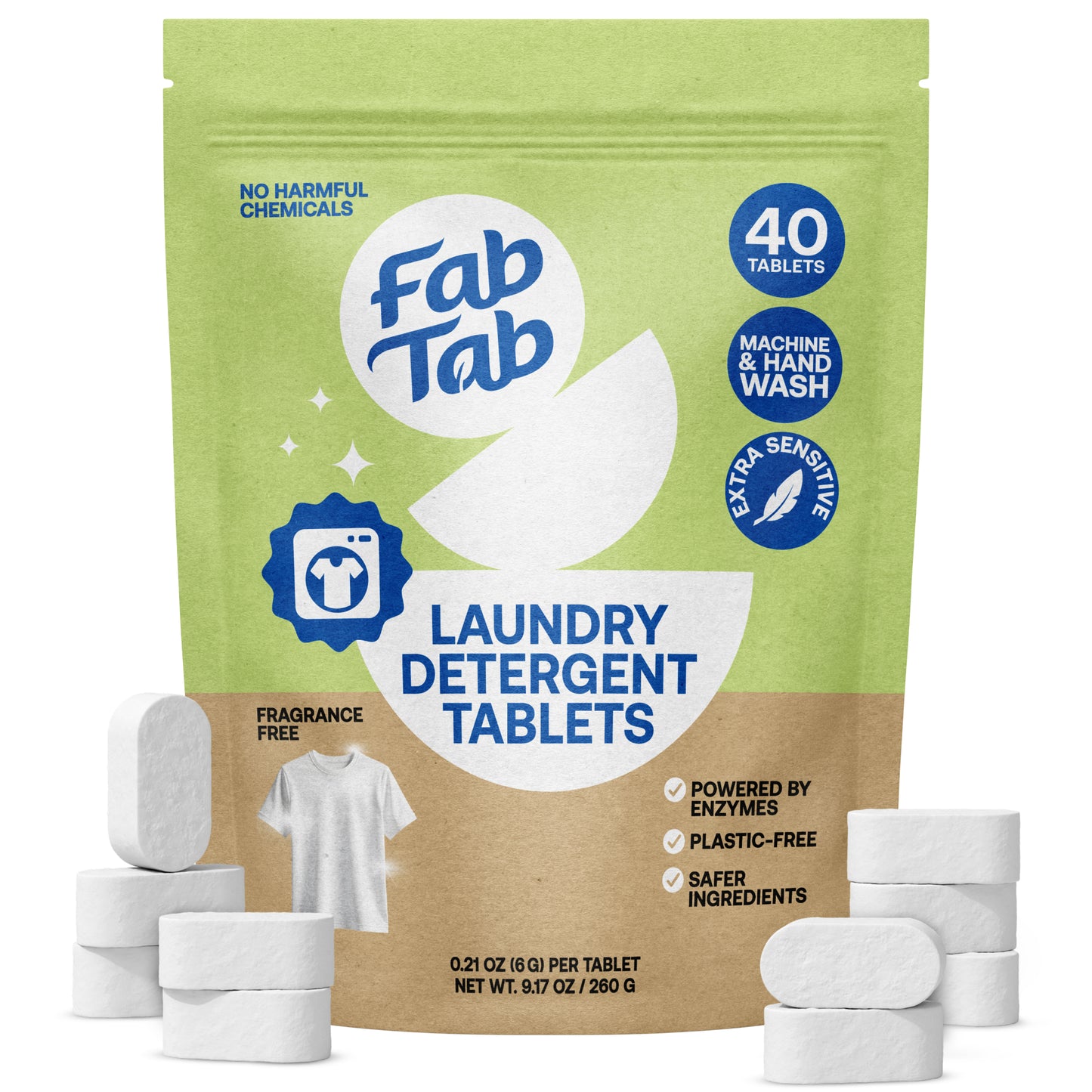 Eco-Friendly, Plastic Free and Non-Toxic Laundry Detergent Tablets | Fragrance-Free 40 Tablets from FabTab