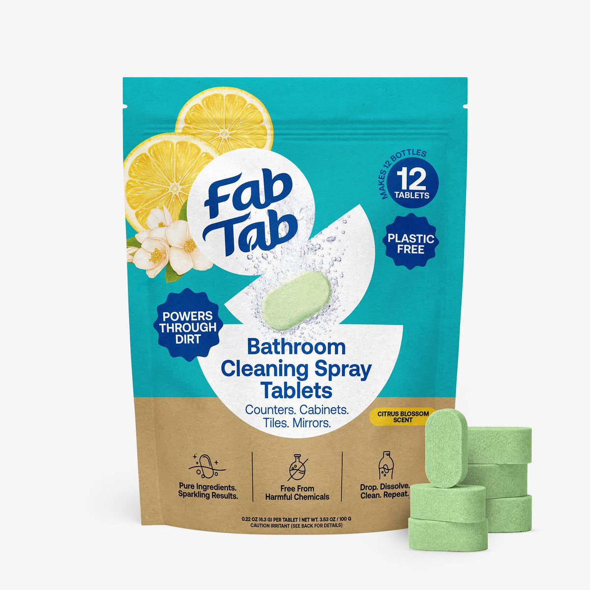 Eco-Friendly, Plastic Free and Non-Toxic Bathroom Cleaner Refill Tablets 12 Tablet Refills from FabTab