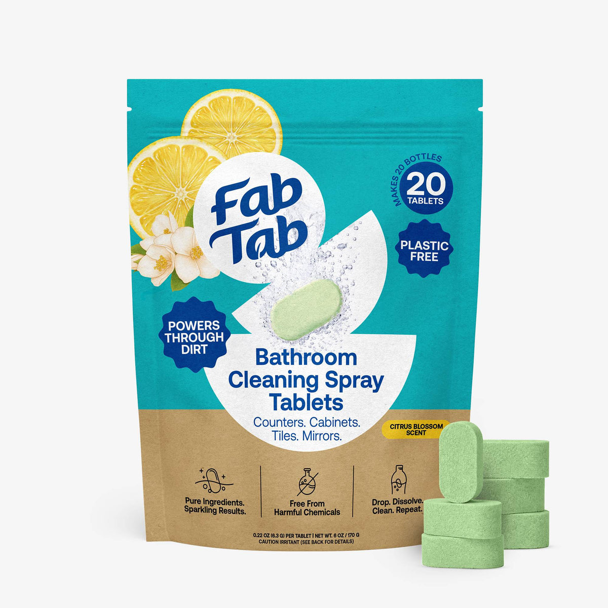 Eco-Friendly, Plastic Free and Non-Toxic Bathroom Cleaner Refill Tablets 20 Tablet Refills from FabTab